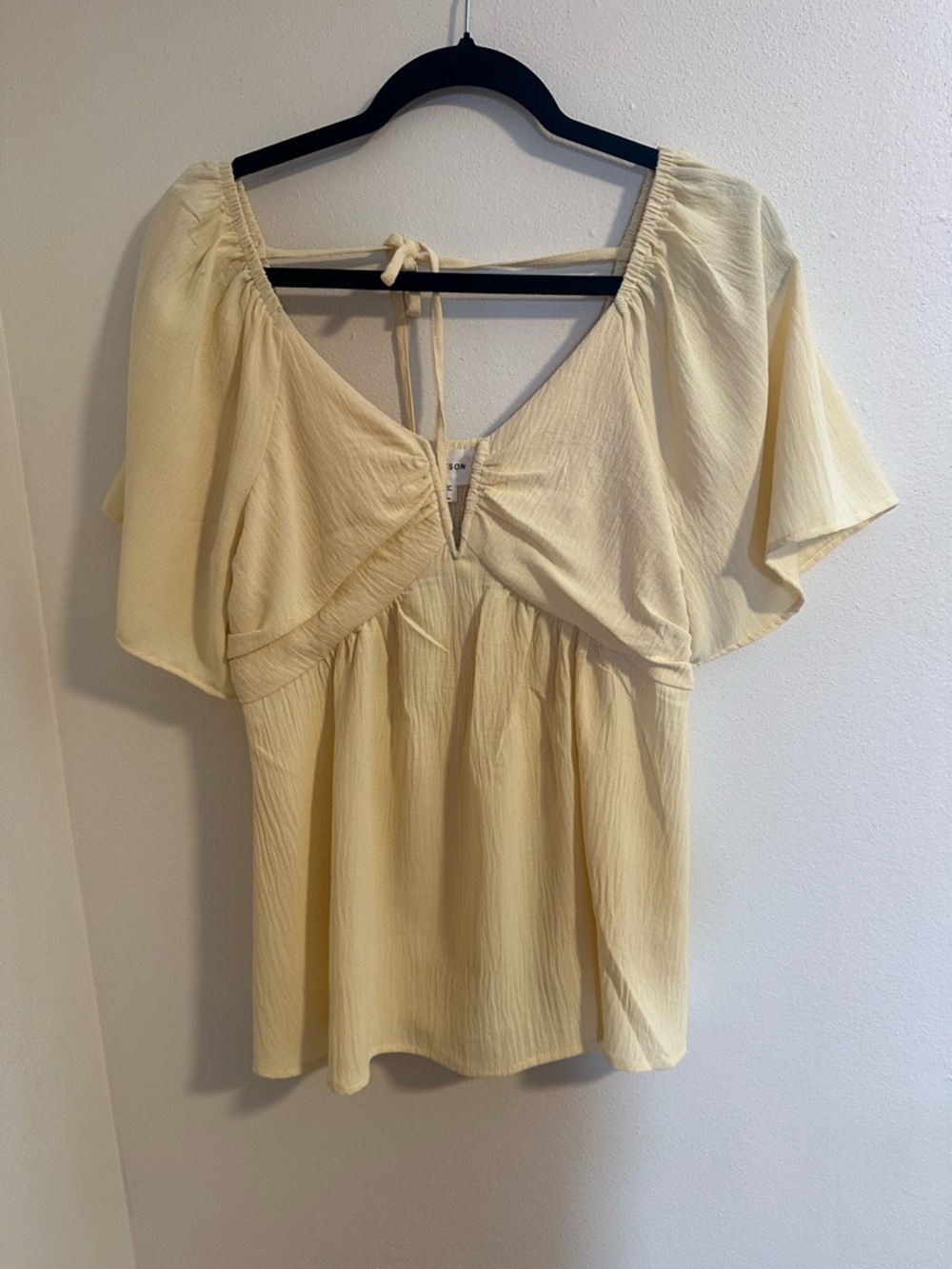 Light Yellow Flutter Sleeve V-Neck Blouse